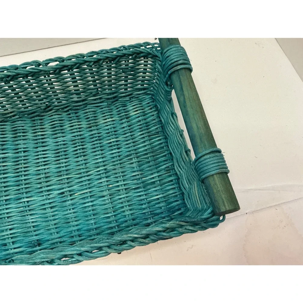 Vintage Wicker Basket Teal‎ Woven Wood Handles 11x8 Cottagecore